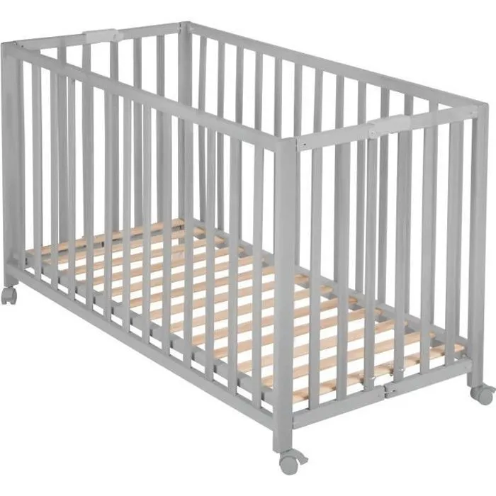 Lit Bébé Pliant en Bois Massif ROBA - Fold Up - Hauteur Réglable - Roulettes à Freins - Taupe-0
