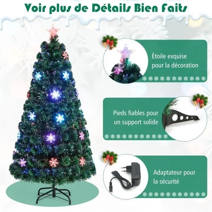 COSTWAY Sapin de Noël Artificiel LED Lumineux 150CM Fibre Optique Couleur Lumière Variable avec Etoile de Cime Décoration de Neige-2