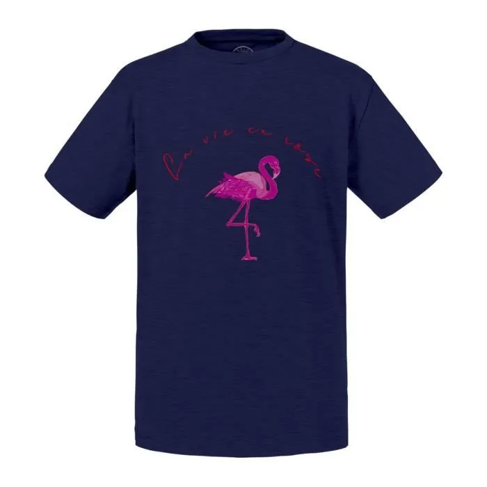 T-shirt Enfant Bleu Flamant Rose la Vie en Rose Dessin Texte Rouge-0