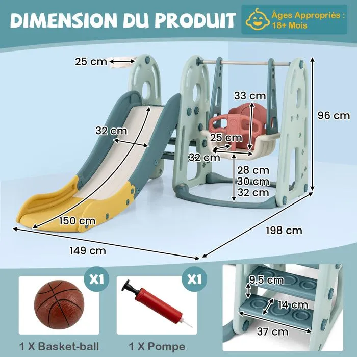 Ensemble de Toboggan pour Enfants COSTWAY-4 en 1-18+ Mois-Balançoire Réglable en 3 Hauteur-Panier et Ballon de Basket-Zone Tampon-3