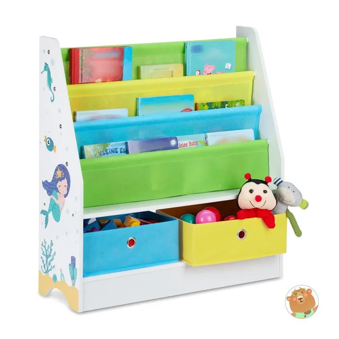 Relaxdays Etagère enfants, motif mer, 2 boîtes, 2 compartiments, rangement jouets, bibliothèque 74x71x23 , coloré-0