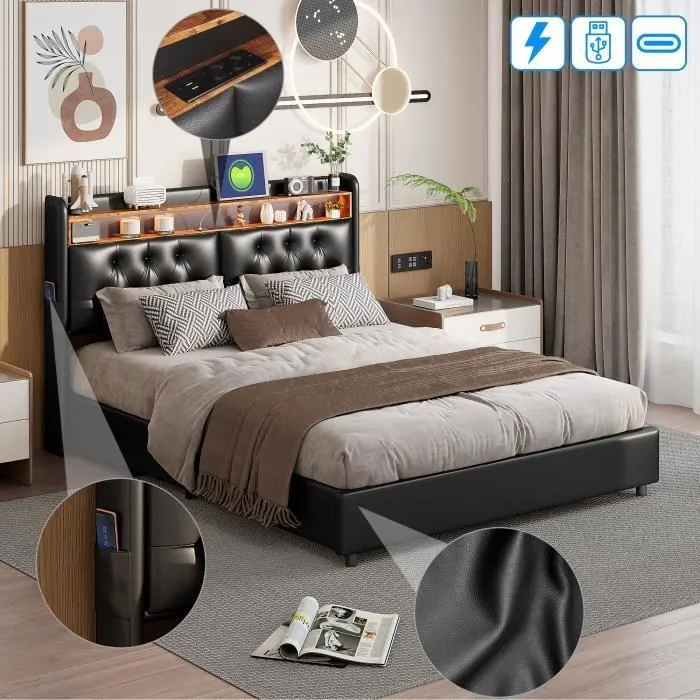 Lit coffre - MARQUE inconnue - 180x200cm - Cuir noir - Tête de lit LED - Rangement intégré-2