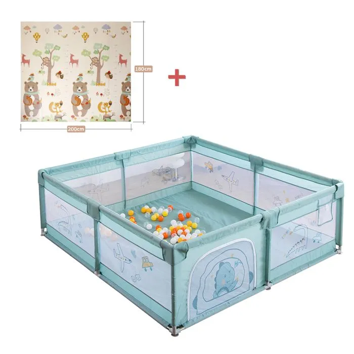Parc Bébé avec 60 boules-Avec Tapis-2 Anneaux de Traction-Portable Centre d'activités Pour Enfants-180x200x65cm-Vert-0