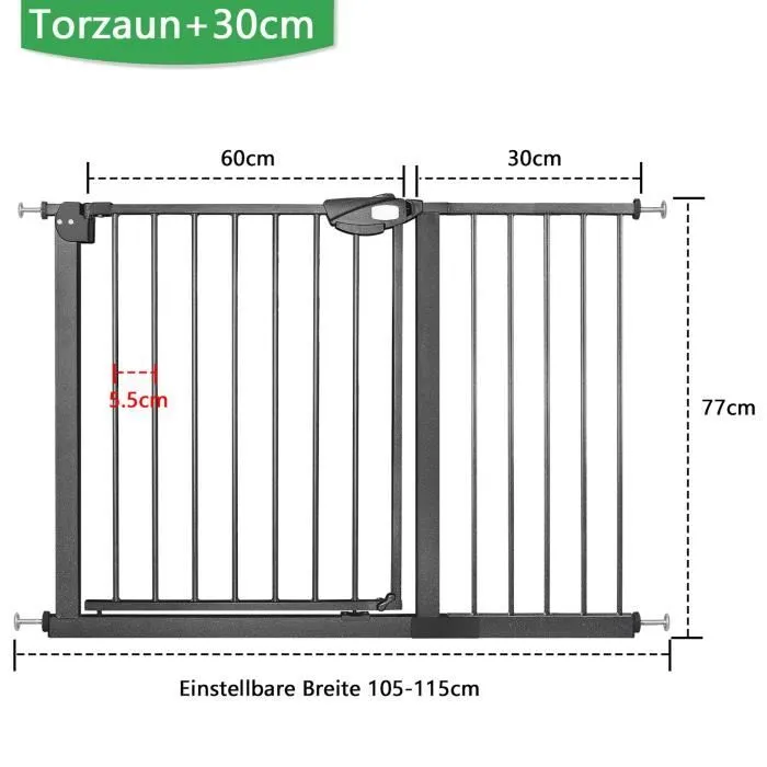 XMTECH Barriere de Securite, Longueur réglable dim.105-115 cm, Ouverture Double Sens -sans perçage, noir, pour enfants et animaux-1