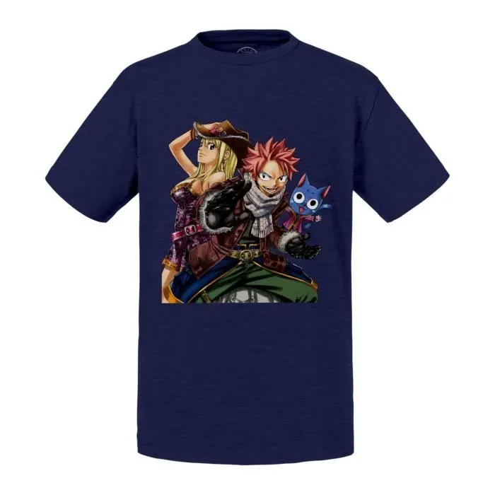 T-shirt Enfant Bleu Fairy Tail Natsu Lucy Happy Manga Sorcier-0