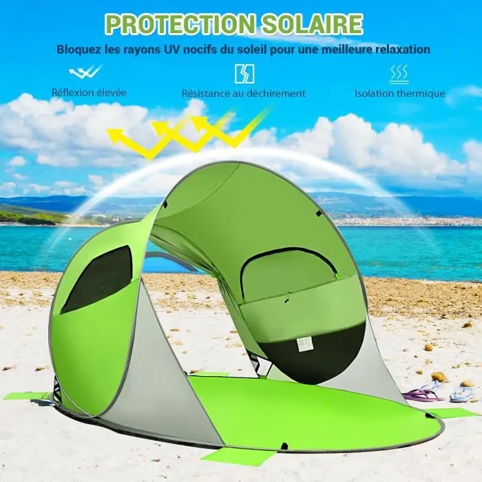 COSTWAY Tente de Plage Pop-up Pliable Automatique Instantanée 3-4 Personnes Anti UV avec 8 Sardines 4 Cordes d’Ancrage Vert-0