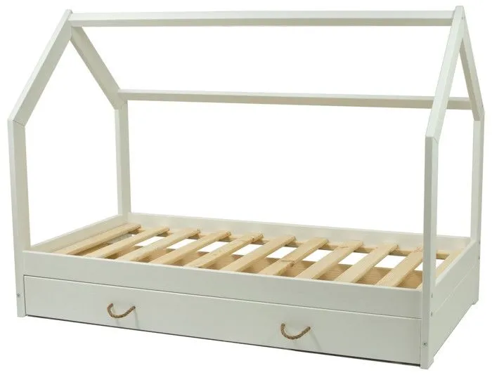 Lit Maison en bois naturel style scandinave avec Tiroir de Rangement (160x80cm) : Confort et Fonctionnalité Réunis - Blanc-0
