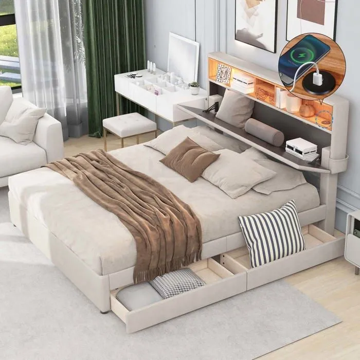 Lit adulte 140x200cm avec tiroirs, LED et port USB, sommier à lattes, tête de lit réglable, tissu en lin, beige-1