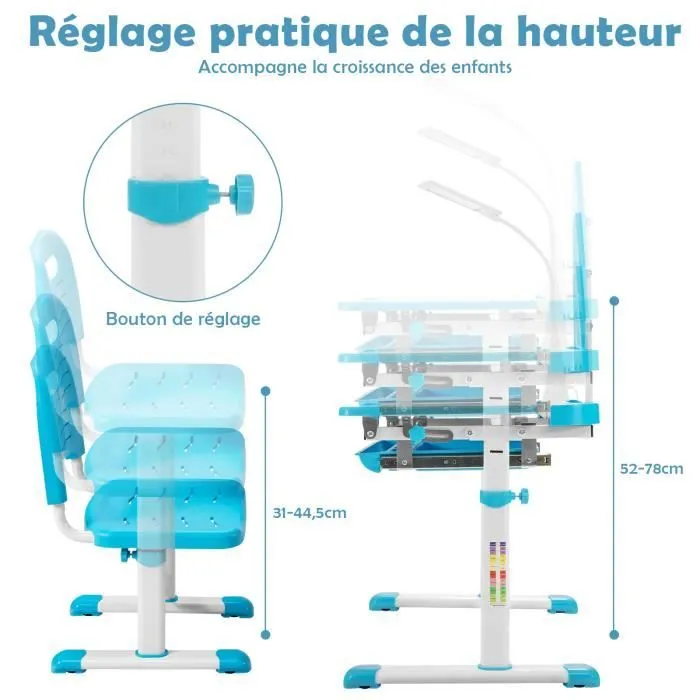 COSTWAY Ensemble Bureau et Chaise pour Enfants avec Éclairage LED, Plateau Incliné et Tiroir Coulissant, Réglable en Hauteur Bleu-3