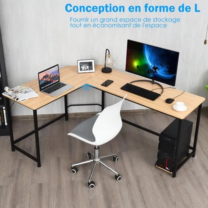 COSTWAY Bureau d’Angle Grand L168 x l125 x H74CM-Jusqu'à 3 Ordinateurs avec Support CPU Style industriel, Structure en Métal Naturel-1