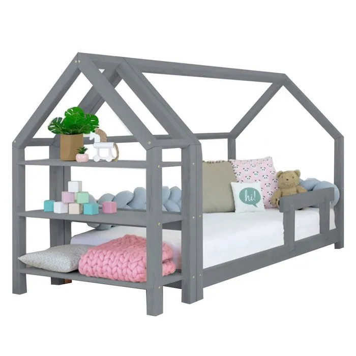 Lit cabane avec étagère 90 x 160 gris-0
