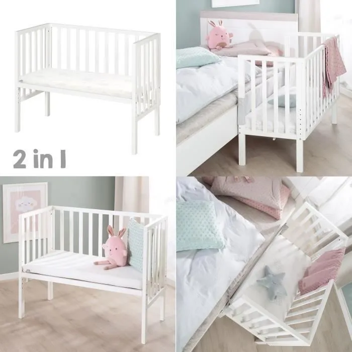 ROBA Berceau Cododo 2en1 Réglable "safe asleep®" 90 x 45 cm + Matelas + Barrière en Maille - Bois Laqué Blanc-2