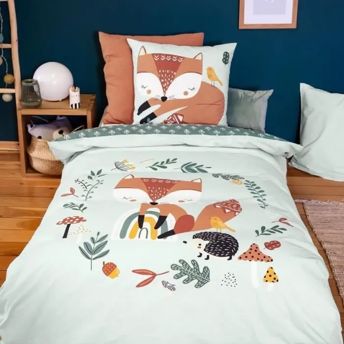 Parure de lit 140x200 cm Enfant réversible - Housse de Couette + 1 Taie d'oreiller Motif imprimé Renard Vert – 100% Coton-0