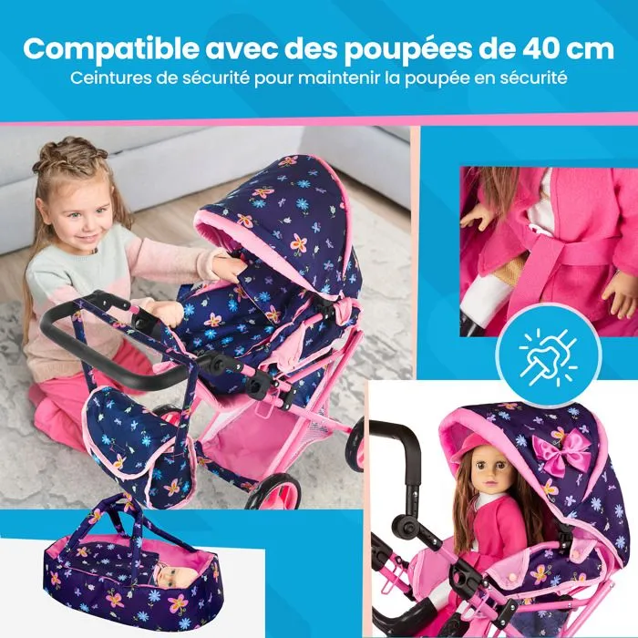 Kinderplay Poussette Jouet, Poussette Landau pour Poupée, Gondola, Combi Poignée Ajustable 32-63cm 2en1 KP0200T-4