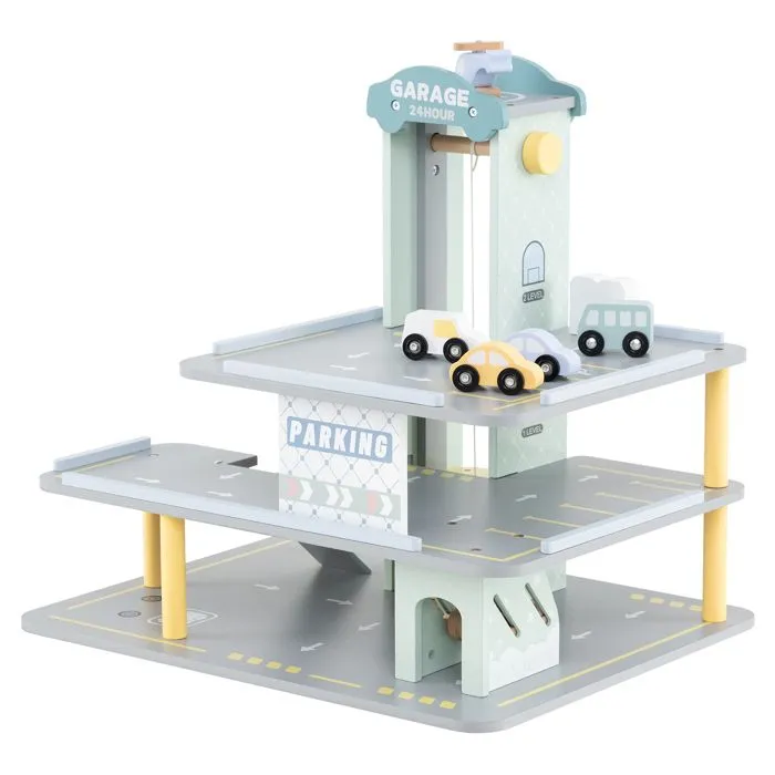 COSTWAY Jeu de Garage en Bois pour Enfant à 3 Niveaux avec 7 Accessoirs - 4 Petites Voitures, Hélicoptère, 50 x 40 x 47 cm-0