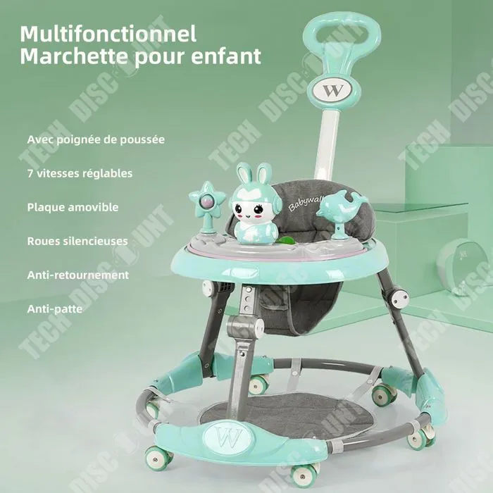 TD Trotteur 3-en-1 pliable réglable avec roues silencieuses à 360° et poignée et plateau d'activités musical amovible trotteur verte-2