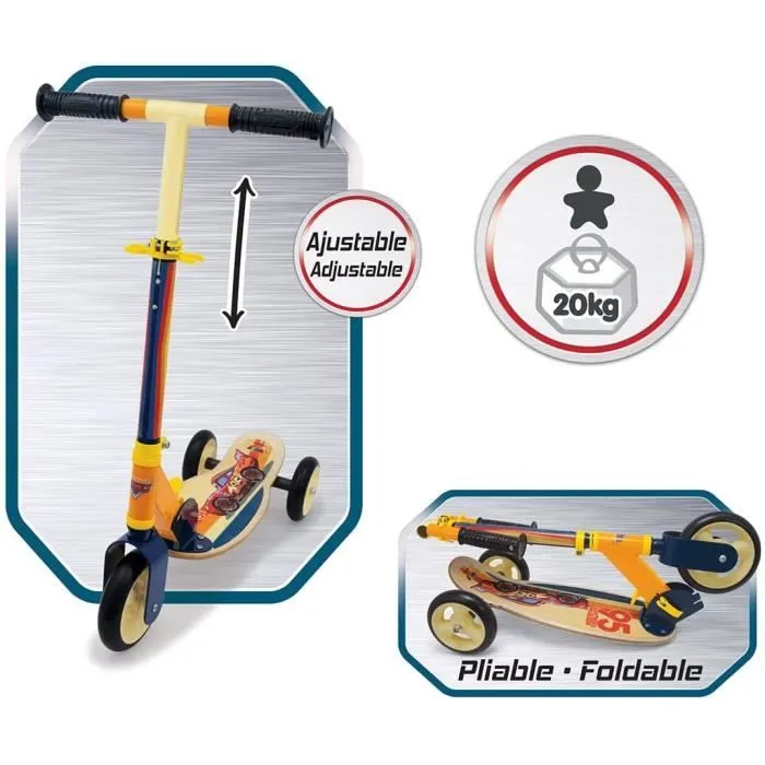Smoby - Cars - Patinette pliable - 3 roues silencieuses - Plateau bois - Jaune et Multicolore - Trottinette avec guidon réglable-2