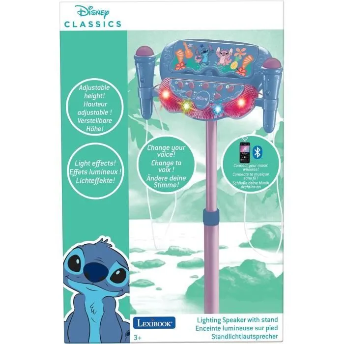 Microphone Stitch sur pied ajustable lumineux avec enceinte, 2 Micros et Effets vocaux, Enceinte Bluetooth-5