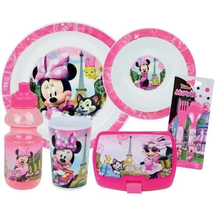 Lot Vaisselle Disney Minnie - FUN HOUSE - 006377 - Verre, Assiette Creuse, Assiette Plate, Gourde, Boîte Goûter et Couverts-0