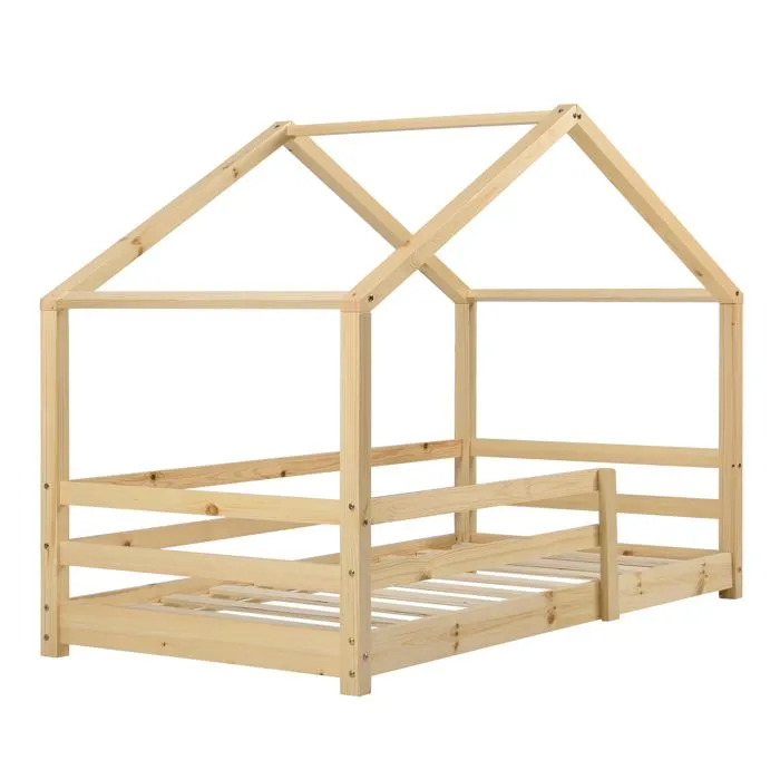 Lit Cabane Knätten avec Grille de Protection et Matelas Mousse à Froid 200 x 90 cm Naturel-2