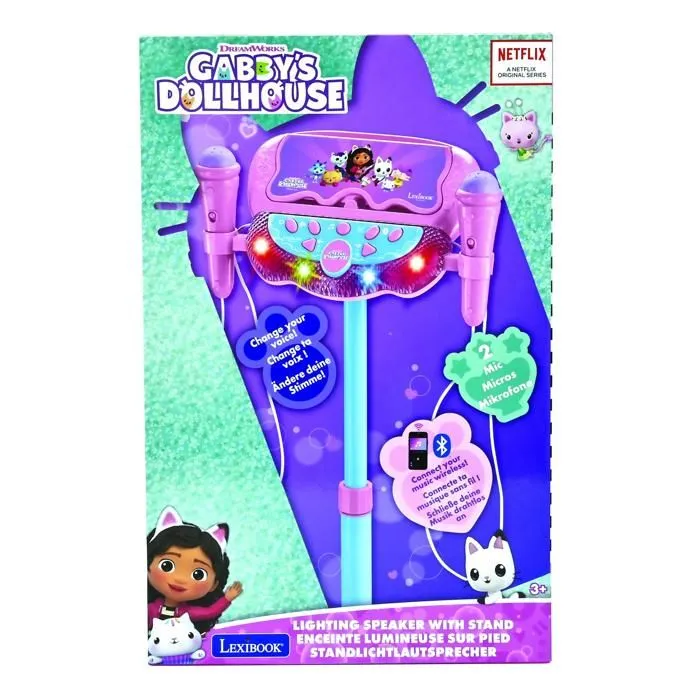 Microphone Gabby et la maison magique sur pied ajustable lumineux avec enceinte, 2 Micros et Effets vocaux, Enceinte Bluetooth-4