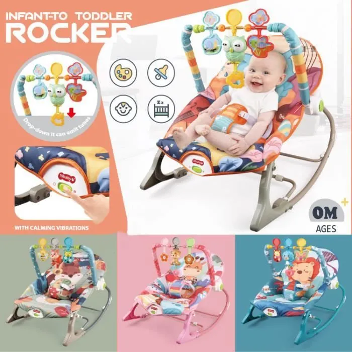Transat bébé électrique vibrant et musical avec 3 jouets pour 0 à 3 ans bébé, Rose-2
