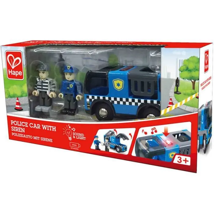 Hape - Voiture de police sonore pour jeu de train en bois - Jouets par univers - Jeux de construction - Trains en bois-1