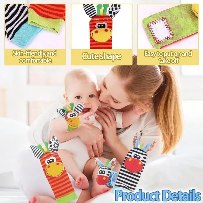 Hochets Pour Bébé Jouet Poignet Et Chaussettes, 4 Pièces Hochet Jouets, Hochet Main Et Pied Pour Bebe, Souple Poignet De Bel[u524]-2