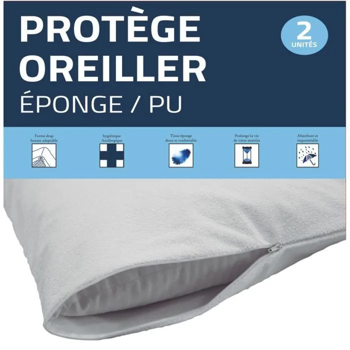 Lot de 2 protège oreiller éponge imperméable absorbant 63 x 63 cm-4