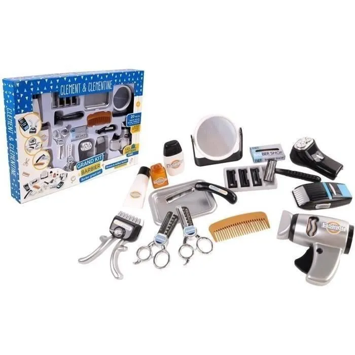 Set coiffeur - Jeu d'imitation Barbier - CLEMENT CLEMENTINE - Tondeuse, sèche-cheveux, rasoirs - Dès 3 ans-0