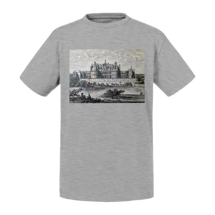 T-shirt Enfant Gris Gravure Ancienne Chateau de Chambord Renaissance France-0