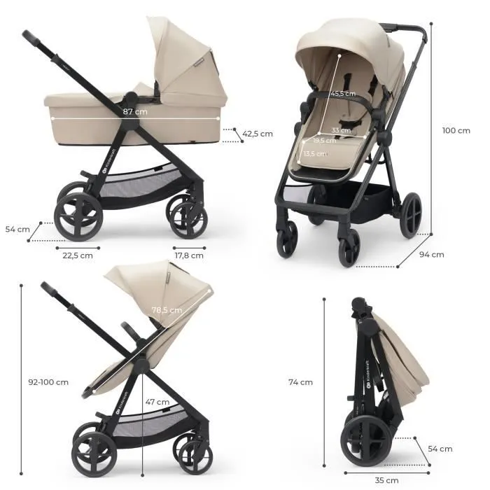 Poussette 4 en 1 Combinée - KINDERKRAFT NEWLY - avec Siège auto e base I-size - Système de voyage - Légère 7,5 kg - Plie - Beige-3