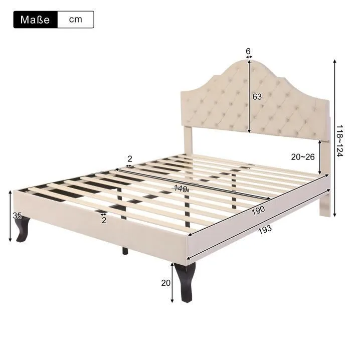 BM Lit adulte 140x190cm en velours, désign chesterfield, lit double capitonné en velours, tête de lit réglable, sans matelas, beige-3