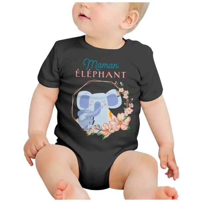 Body Bébé Manche Courte Noir Maman éléphant et son Bébé Dessin Illustration-1