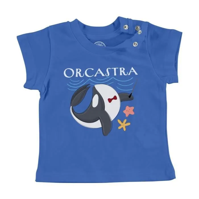 T-shirt Bébé Manche Courte Bleu Orcastra Orchestre Animaux Orque Mer Dessin Enfant-0