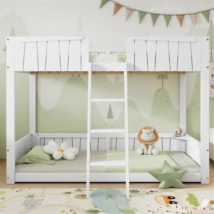 Lit superposé avec échelle à trois marches, design de la barrière de sécurité, cadre en bois massif, pin + MDF, blanc, 90x200 cm-0