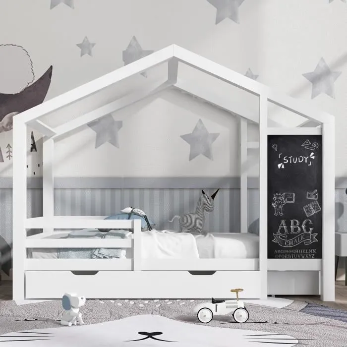 HOMAVO Lit enfant, Lit 90 x 200 cm, lit en bois avec planche et 2 tiroirs, bois massif avec clôture et sommier à lattes, blanc-2
