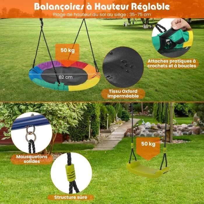 COSTWAY Portique avec Balançoire Nid d'Oiseau Ronde Ø82CM,Toboggan,Panier de Basket 4 en 1 Balançoire Extérieure Réglable 3-12 ans-2