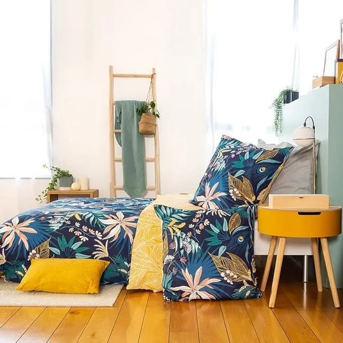 CÔTE DECO Parure de lit avec Housse de Couette 140x200cm + 1 taie d'oreiller 63x63cm Motif Feuilles Tropicales 100% Coton adouci-3