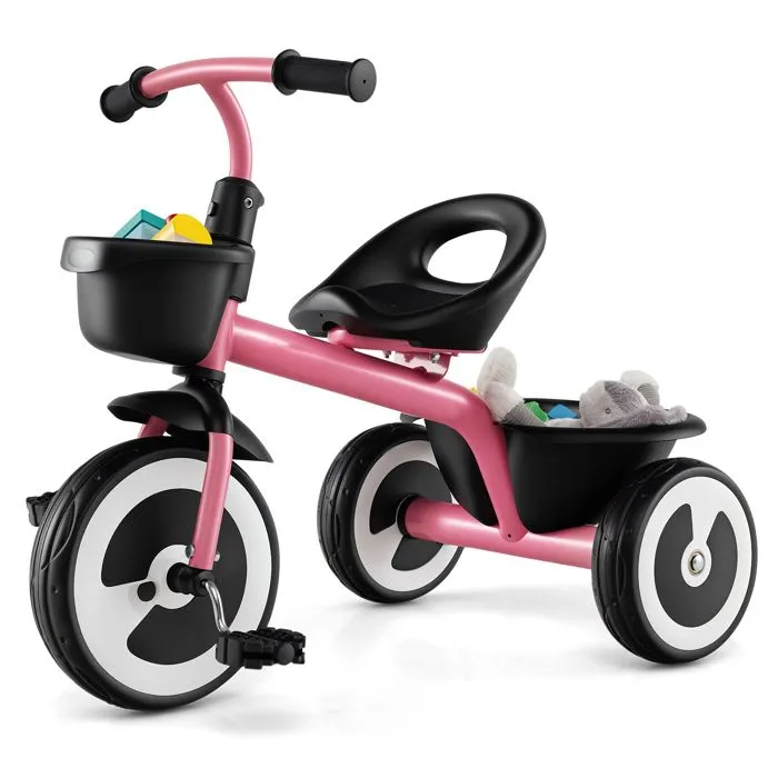 COSTWAY Tricycle pour Enfant avec Pédale, Siège Réglable, Paniers de Rangement, Fer Carbone Robuste, 4 Roues EVA, 1,5 à 5 Ans, Rose-0