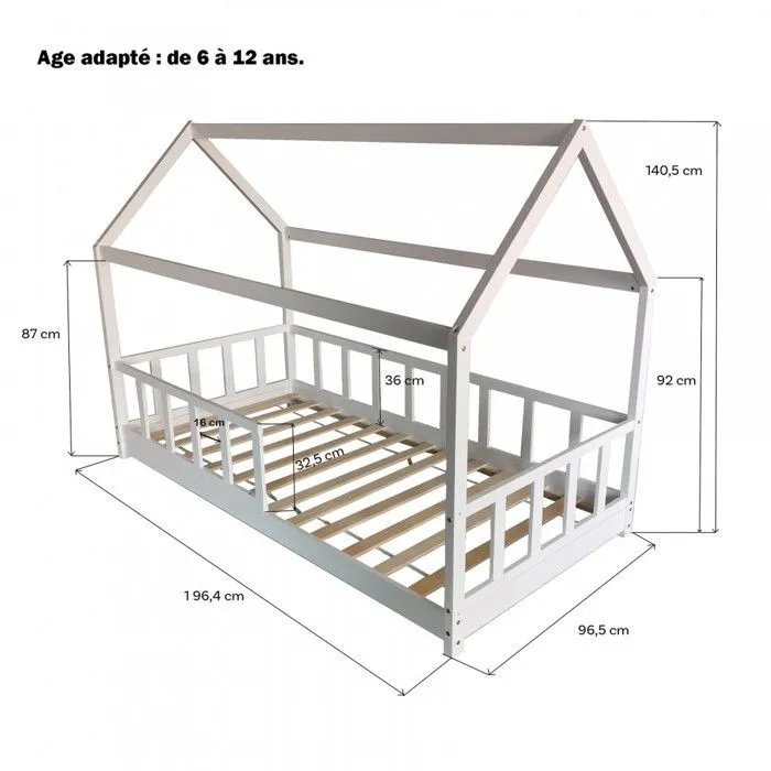 Lit cabane Kiwi 90x190 + 1 sommier + barrière /Blanc-3
