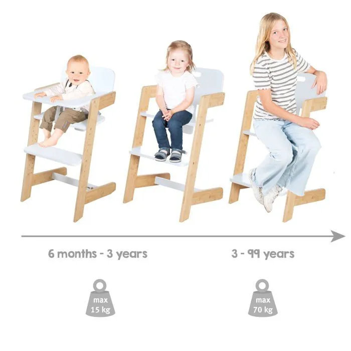 Chaise Haute Évolutive ROBA Nature Up en Bambou FSC® - Supporte 70 kg - Plateau Repas Inclus - Blanc / Naturel-2