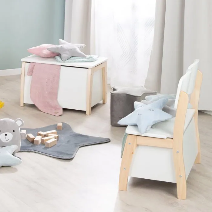 Banc Coffre à Jouets pour Enfant en Bois - ROBA - Meuble de Rangement 2 en 1 - Blanc / Naturel-5