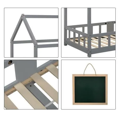 Lit cabane enfant avec barrières - Bois pin massif - Décor Bleu - Sommier inclus avec un tableau - 90 x 200 cm-2