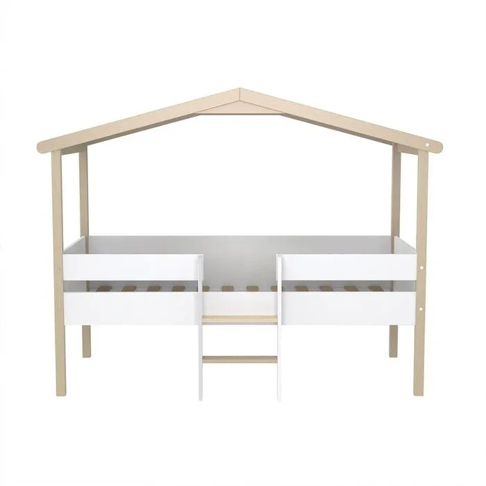 Lit cabane PILOTI 90x190 + 1sommier / Blanc et naturel-4