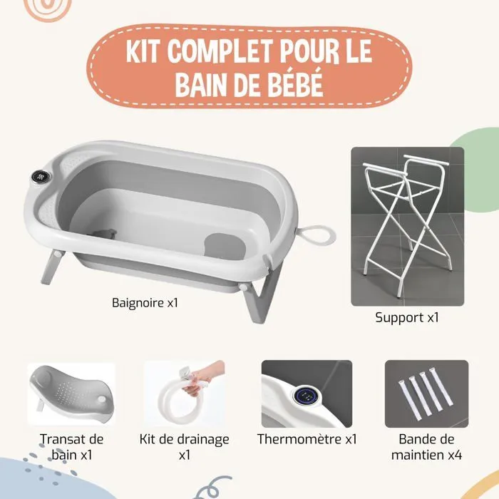 Baignoire bébé pliable sur pied – Avec support, thermomètre 2.0, siège et kit de drainage – Dès La Naissance | SUPERBE BEBE-1
