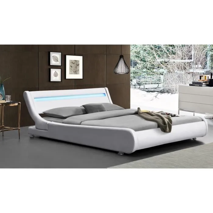 Lit - MARQUE Incurve - 160x200 cm - Tête de Lit LED - MDF - Blanc-1
