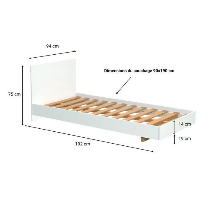 Lit enfant LOFT 90x190 cm en panneau de particules - Blanc - Avec sommier - Marque LEQUAIDESAFFAIRES-3