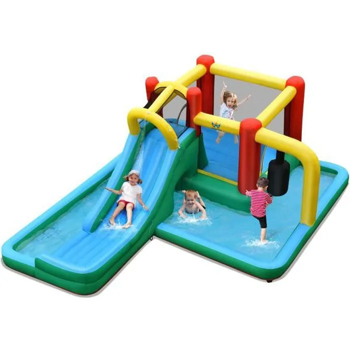 COSTWAY Château gonflable pour Enfants de 3-10 Ans avec Pataugeoire Toboggan Mur d’escalade Tunnel 470 x 370 x 190cm sans Gonfleur-0