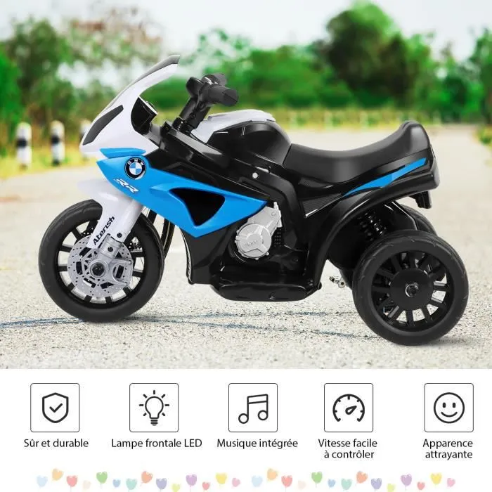 COSTWAY BMW Moto Electrique pour Enfants 6V/4Ah,3 Km/h avec Phare, Musiques 3 Roues 1,5-3 Ans Bleu-2